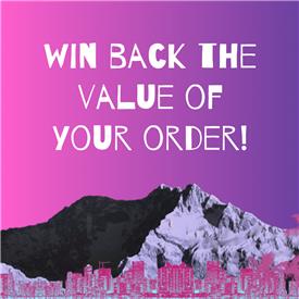 Pink and purple background with a mountain at the bottom border. Text reads Pink and purple background with a mountain at the bottom border. Text reads