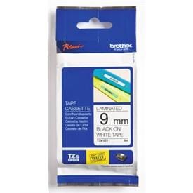 TZe221 Brother 9mm x 8m Black on White Standard Laminated Tape